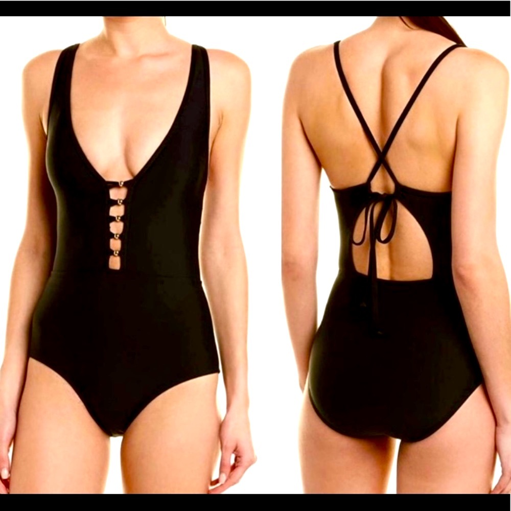 🔥ATHENA V NECK PLUNGE MAILLOT W GOLD BEADS SIZE 8 📍TIE BACK NWT
